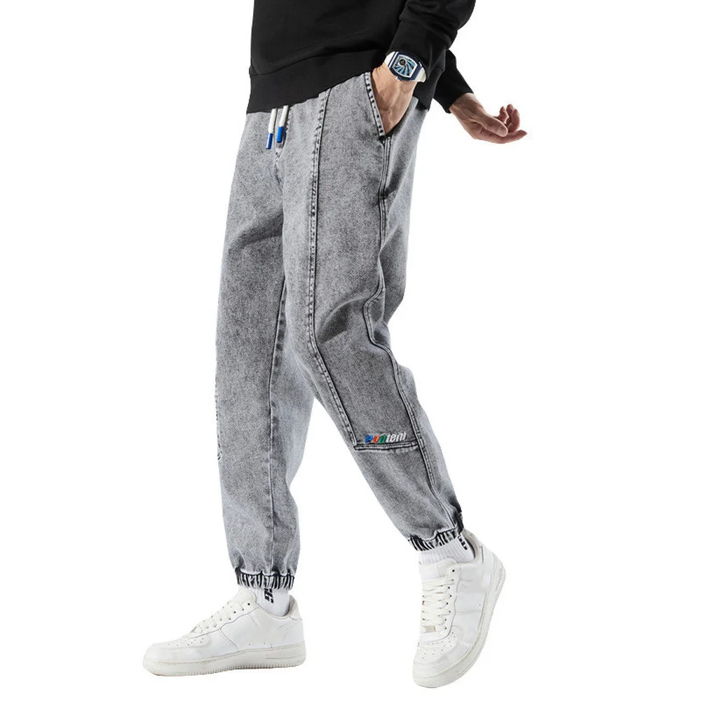 Autumn Jeans Men's Loose-fitting Harem Denim Pants Plus Fat Plus Size Trendy Casual Straight Nine Points Pants Streetwear Gray