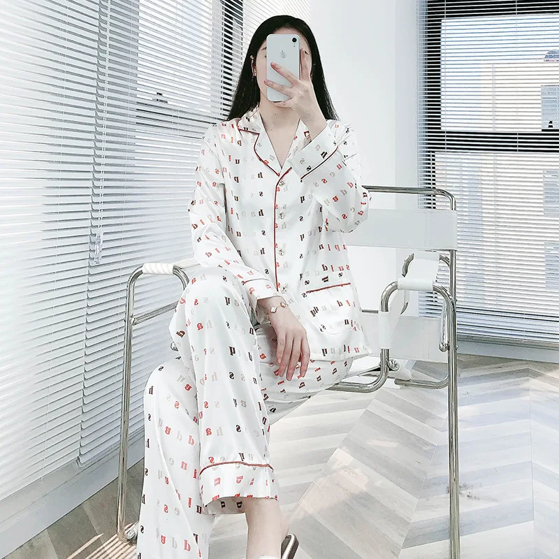 Women Stain Pajama Set Silk-like Glossy Piped Long Sleeve Top and Pants Full Printed Nightwear Ladies Homewear Loungewear