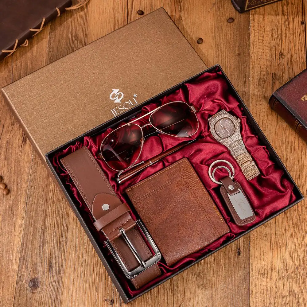 

Wristwatch Men Watch Leather Quartz Watches Men's Festival gift Sets Luxury Casual Sunglasses wallet belt key ring pen 6pcs set