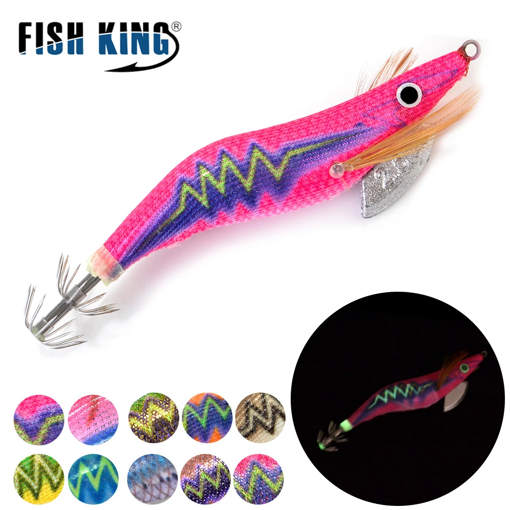 FISH KING 2.0/2.5/3.0/3.5# Hard Bait Luminous Squid Jig Sea Fishing Lure 8g-19.5g Octopus Shrimp Cuttlefish Squid Hook Rig 