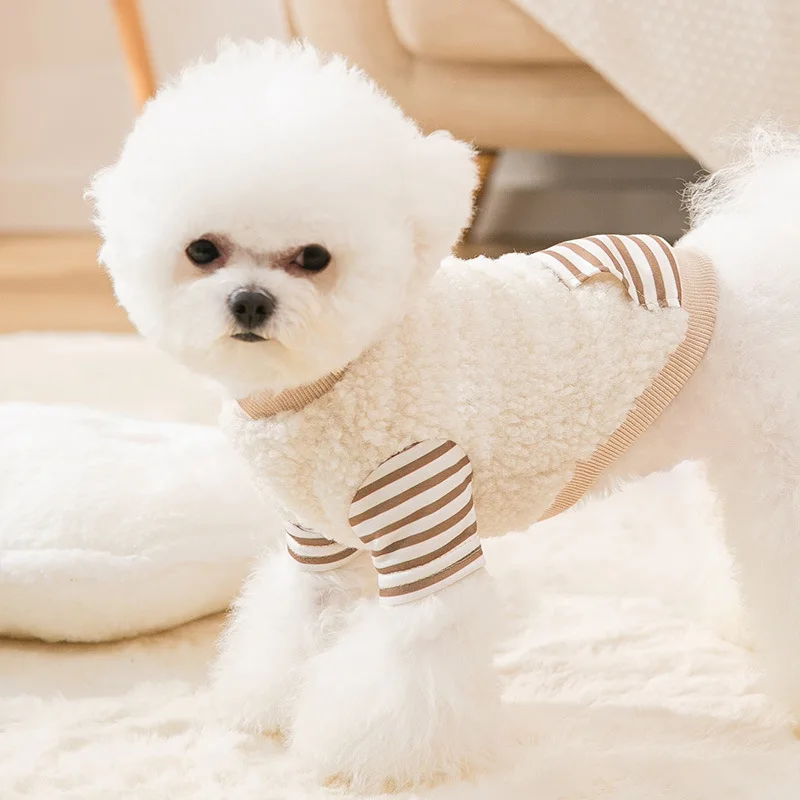 

Autumn and Winter Dog Hit Color Stripes Stitching Two-legged Fleece Spring and Summer Thin Velvet Cat Clothes Small Dog Clothing