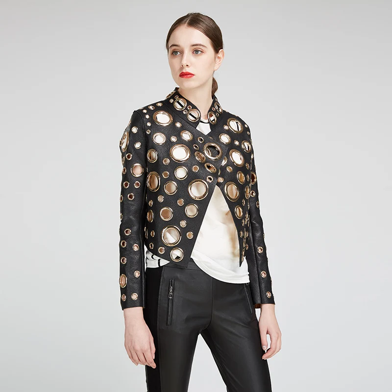 

Женская ажурная куртка из искусственной кожи, черное пальто из искусственной кожи в стиле панк, Байкерская Осенняя кожаная куртка, 2021