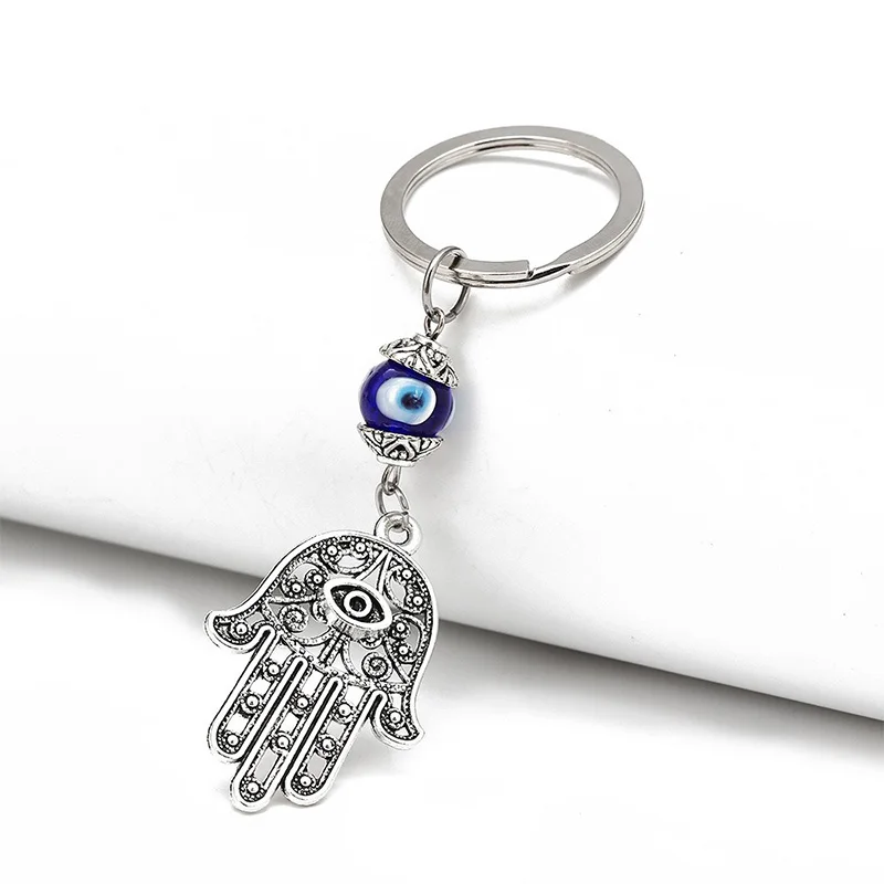 Turkish Evil Eye Hamsa Hand Keychain Lucky Car Key Chain Holder Women Bag Pendant Silver Color KeyRing Friends Gift Wholesale