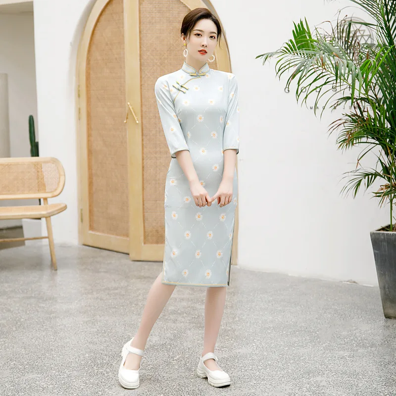 

Chinese Style Three-Quarter Sleeve Cheongsam High-Split Qipao Mandarin Collar Stage Show Dress For Women Plus Size 3XL 4XL