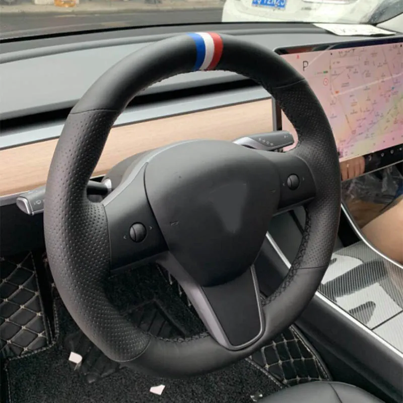F Type Топ перфорированная кожа/углеродное волокно рулевого колеса автомобиля ручной стежок на обертывание рулевое колесо крышка комплект для Tesla модель 3-19 - Название цвета: F Type