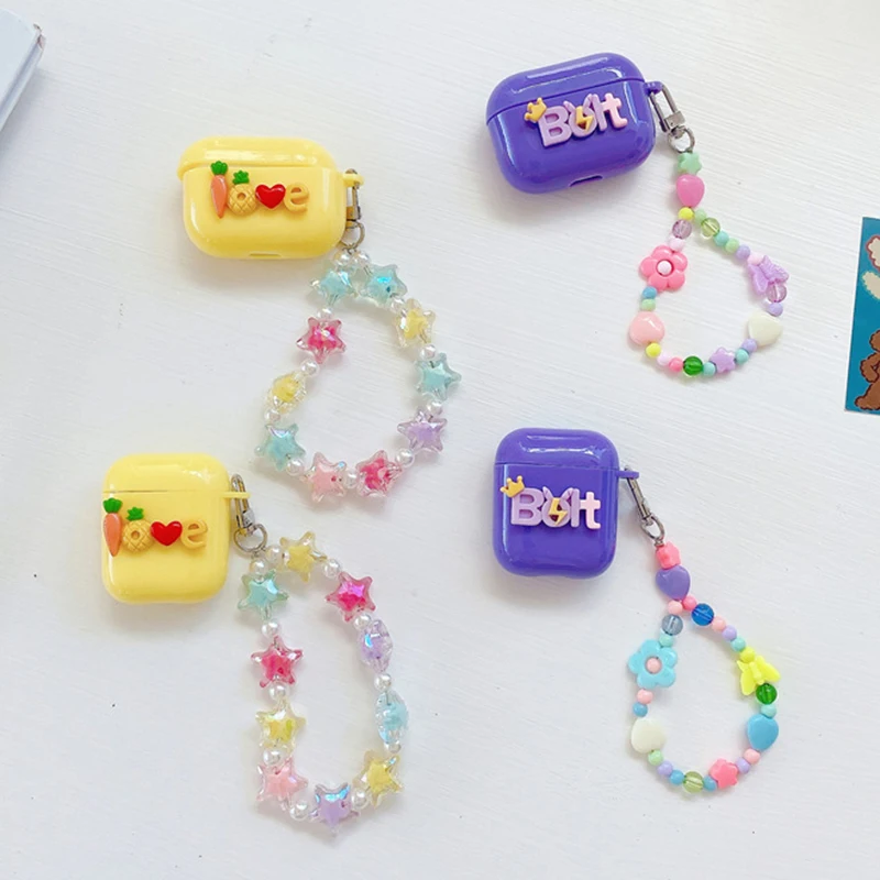 

Fashion Yellow Purple letters Chain Earphone Case For Apple AirPods1/2 Pro3 Earbuds Soft Cover Wireless Bluetooth Headset Box