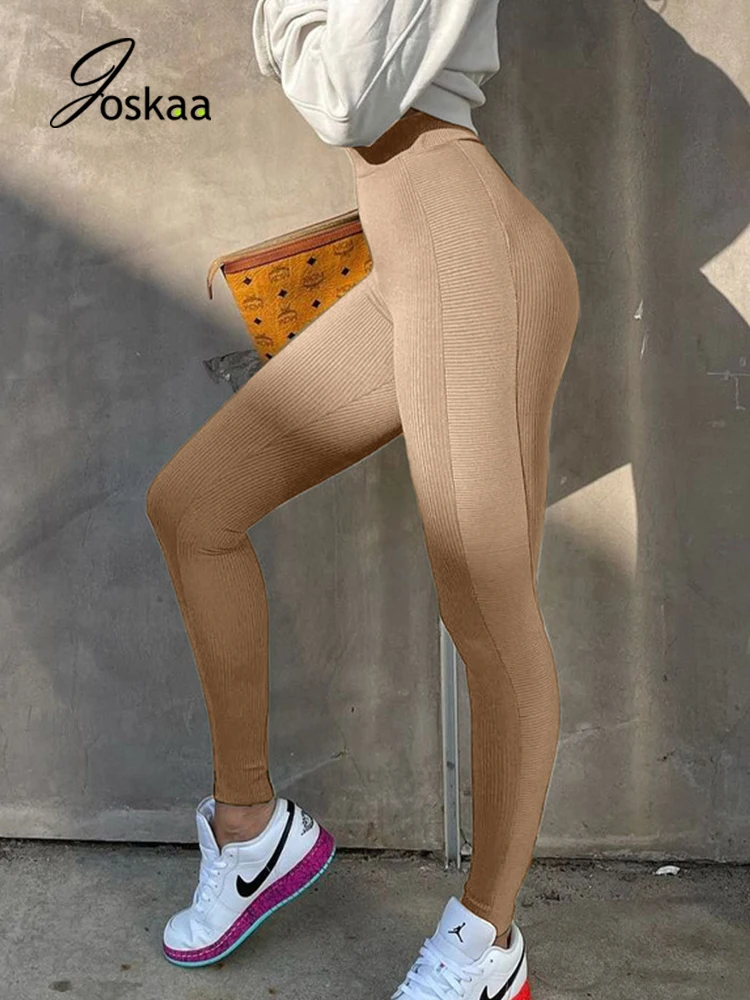 

Joskaa Ribbed Knitted Street Sweatpants Jogger Pants for Women High Waist Solid Casual Winter Autumn Pencil Trousers Loungewear