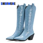 Повседневные ковбойские сапоги до колена в западном стиле; Женские кожаные ковбойские ботиночки с узором крокодиловая кожа; Короткие казаки; Botas; Обувь на высоком каблуке