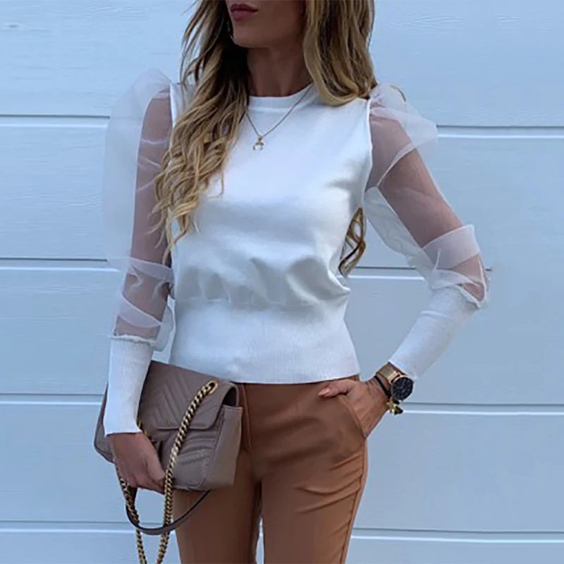 Повседневная сетчатая блуза Женская Осенняя с длинным рукавом сексуальные белые