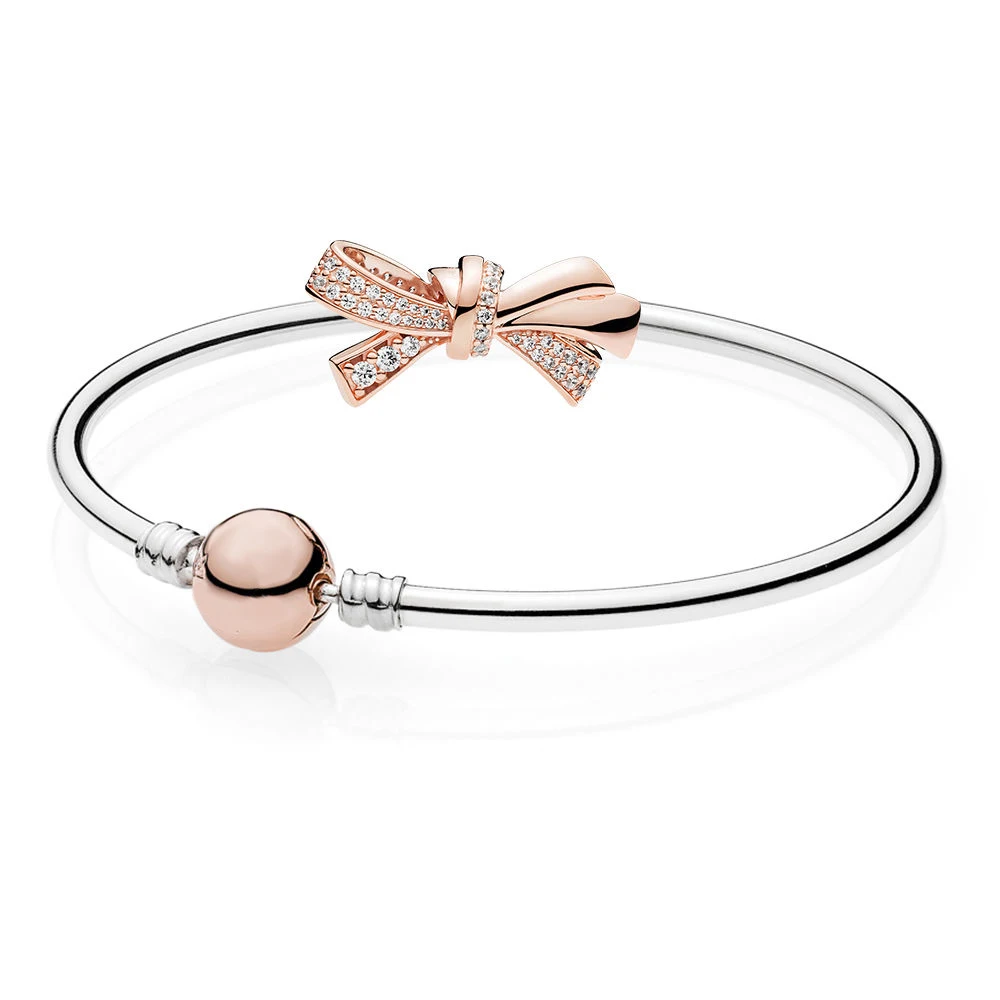 

Fashion S925 Sterling Silver Brilliant Bow Bracelets Bangles Fit Original women DIY Charm Beads Holiday Gift Jewelry