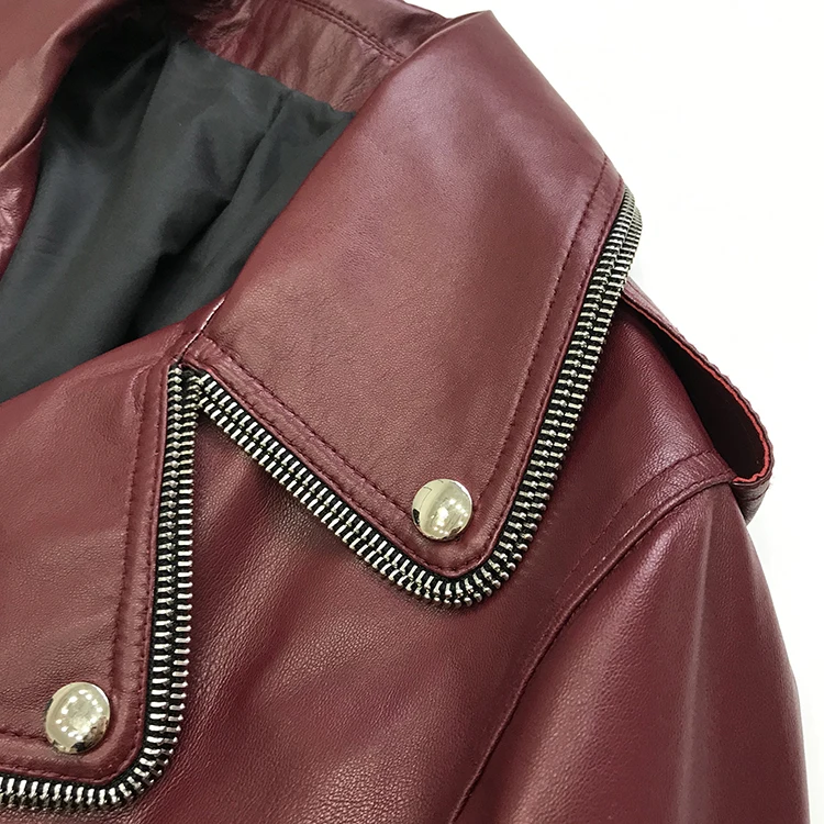 JAZZEVAR 2023 New High Fashion Street Women Real Sheep Skin Leather Jacket Wine red Genuine Leather zipper Motorcycle Jackets