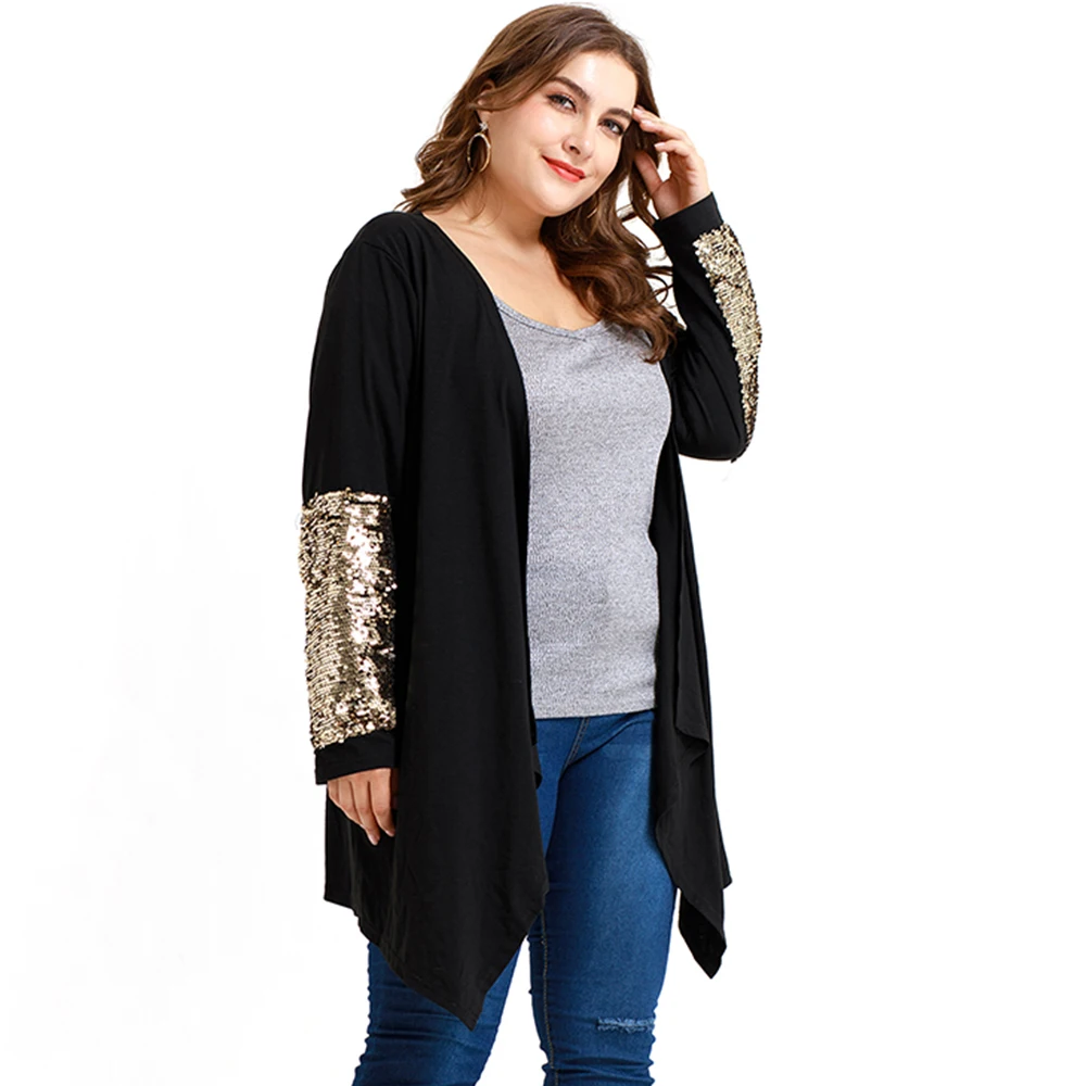 5XL, женский кардиган, свитер, ассиметричный, с блестками, рукав, Джерси, Mujer, Повседневный, размера плюс, кардиган, свитер, модный, длинный кардиган, D30
