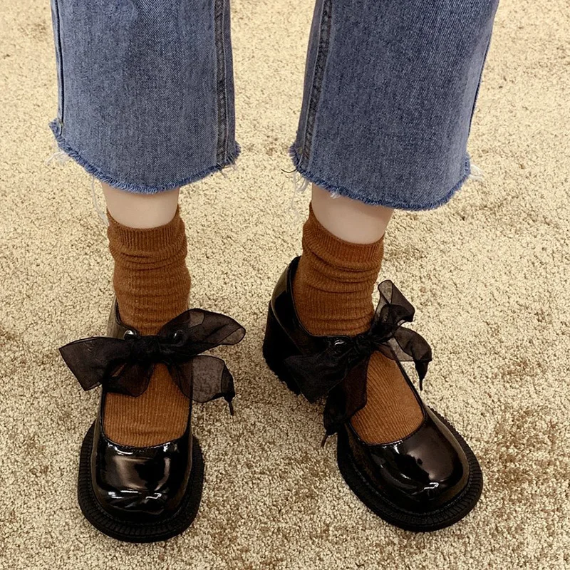 

Lovely Bowtie Mary Janes Shoes Woman Patent Leather Thick Square Heels Pumps Women Autumn 2021 Big Toe Y2K Lolita Shoes