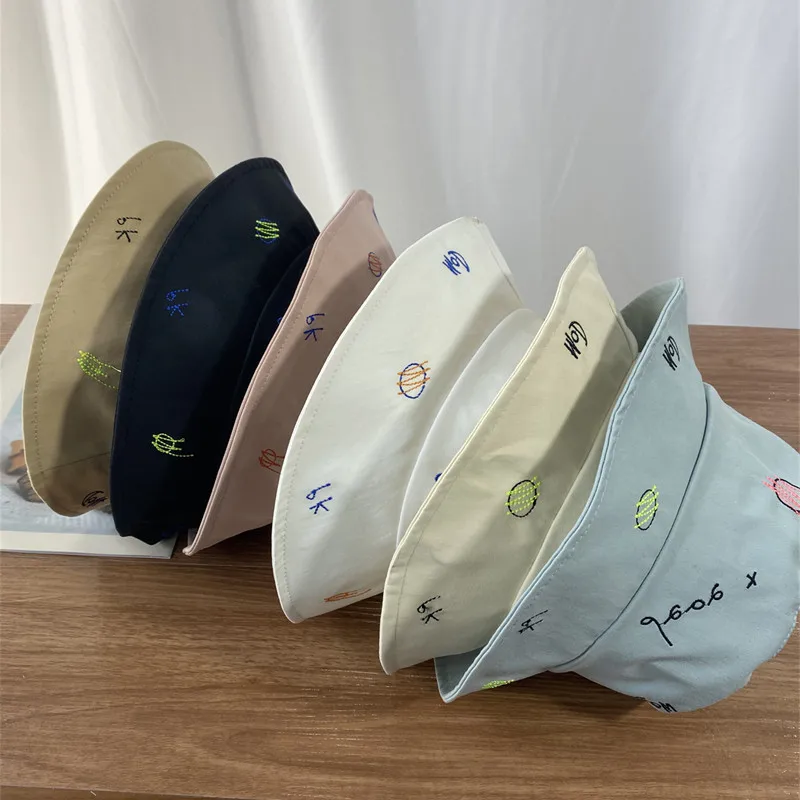 2021 Sweet Spring Summer Wide-Brimmed Women's Fashion Sunshade Flat-Top Fisherman Hat Letter Embroidery Literary Style Basin Hat