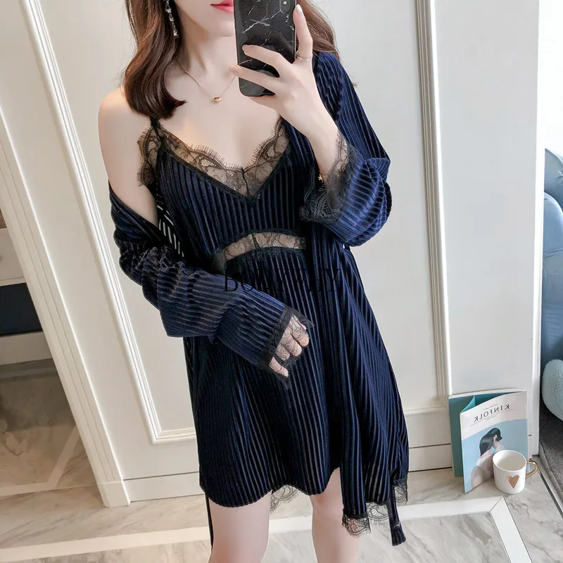 

Autumn and winter gold velvet nightgown set sexy black eyelash lace strap nightdress nightgown pajamas home service