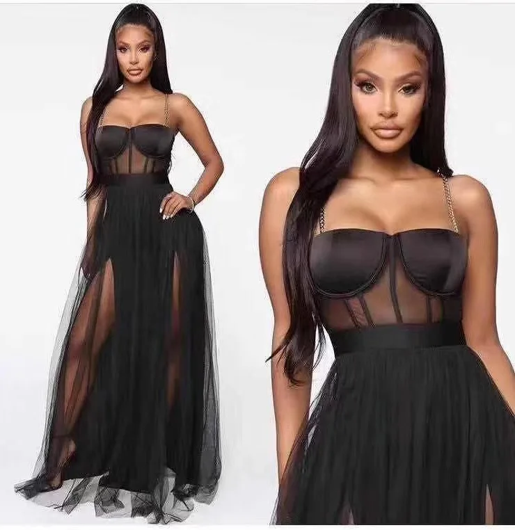 

Women Luxury Sexy V Neck Chian Lace Party Dress Ladies Designer Black White Evening Maxi Dress Vestido