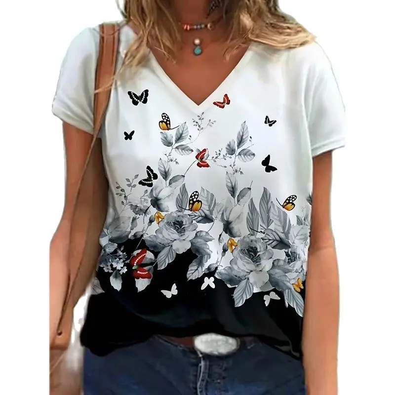

Женская блузка с коротким рукавом, V-образным вырезом и цветочным принтом