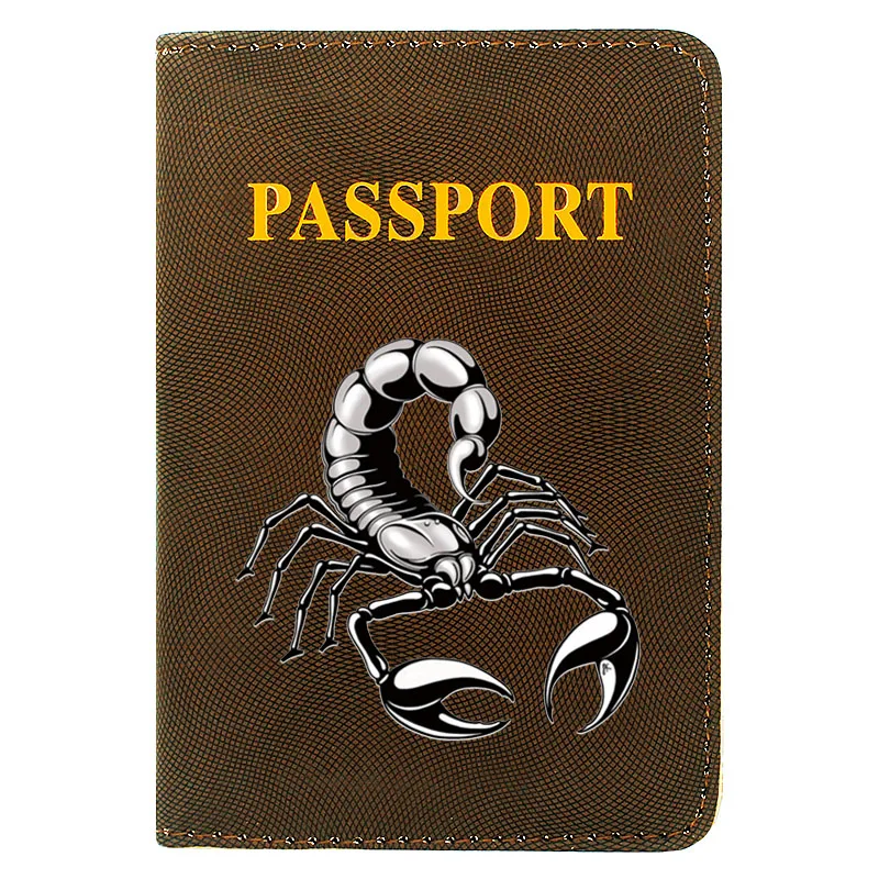 

High Quality Silver Scorpion Passport Cover Vintage Brown Pu Leather Travel ID Credit Card Holder Pocket Wallet Bags
