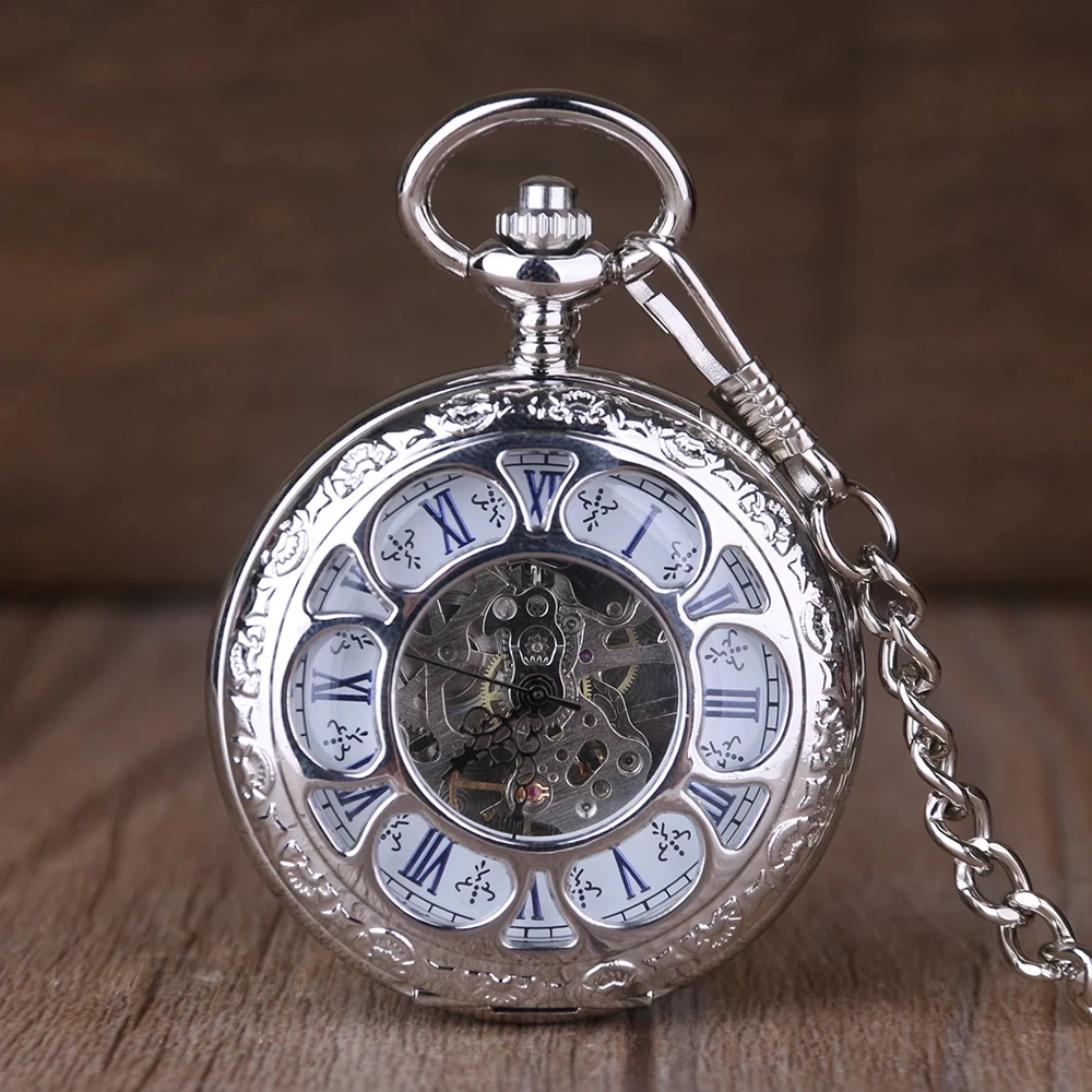 lot Silver Pendant Mechanical Pocket Watch Double Open With Metal Chain Steampunk Watch Roman Number Unisex