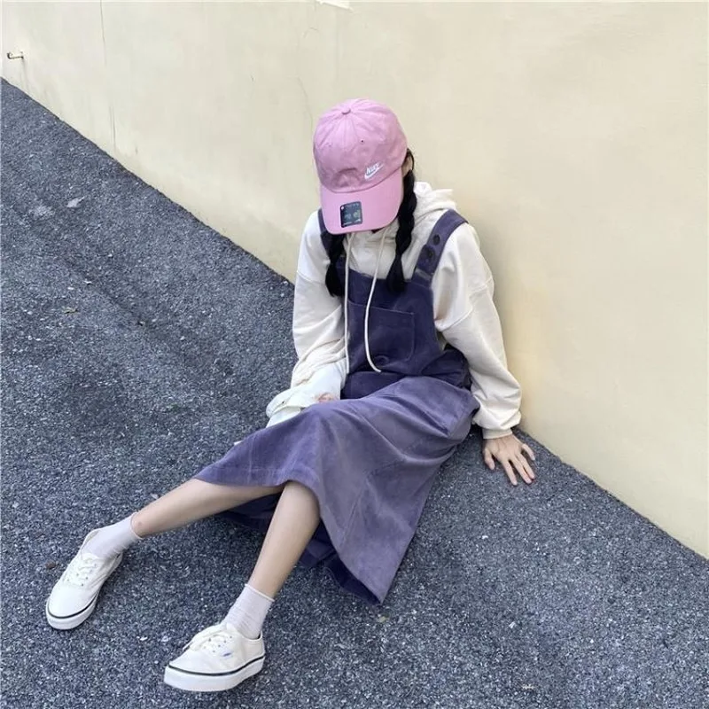 

Women Sleeveless Dress Solid A-line Mid-calf Length Corduroy Loose Vintage Front Pockets Adjustable Straps Vintage Retro Ulzzang