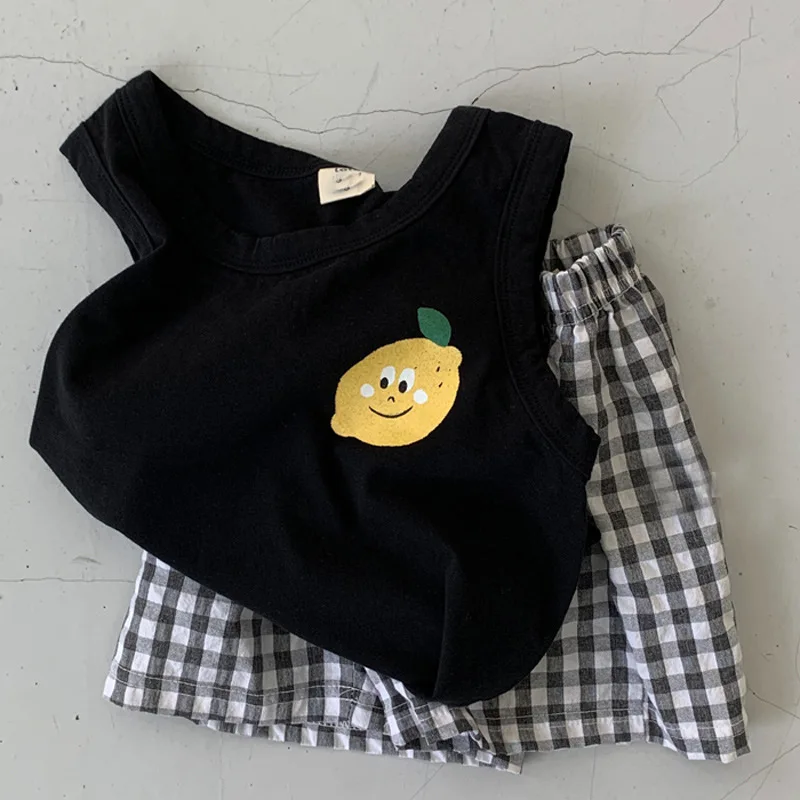 Korean Children's Clothing Set Thin Cotton Sleeveless Suit Baby Lemon Vest Plaid Shorts Two-piece 2020 Summer | Детская одежда и