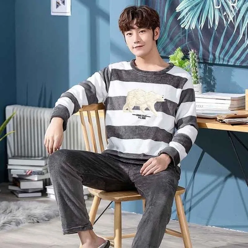 

Winter New Men Long Sleeve Flannel Pajamas Set Round Neck Stripe Polar Bear Thick Coral Velvet Sleep Wear Male Warm Pyjamas Set