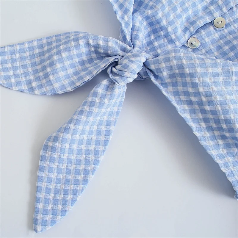 

MESTTRAF Women 2021 Sweet Fashion With Knot Check Cropped Blouses Vintage Square collar Neck Long Sleeve Female Shirts