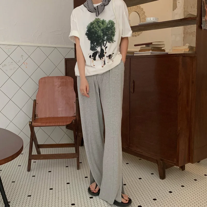 

Korean Casual Women Pants High Waist Loose Split Wide Leg Pants Solid Color Sweatpants Drawstring Pockets Streetwear Pantalones