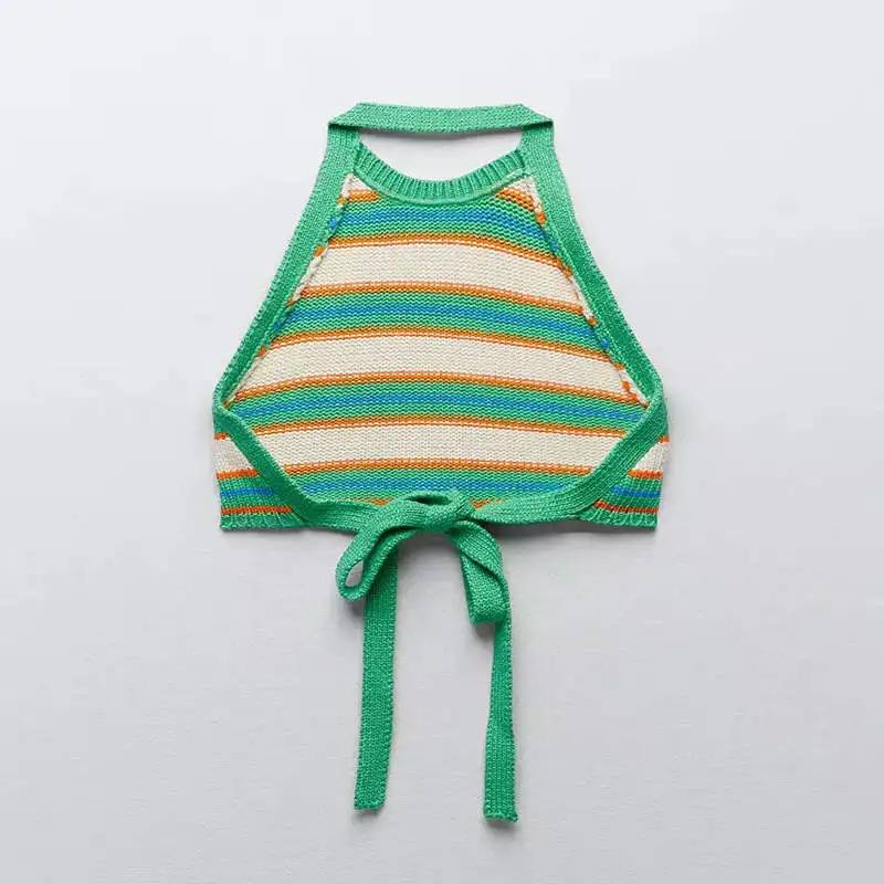 

2021 ZA summer fashion striped knitted backless collar knitted top vest T-shirt 6771065 6771/065