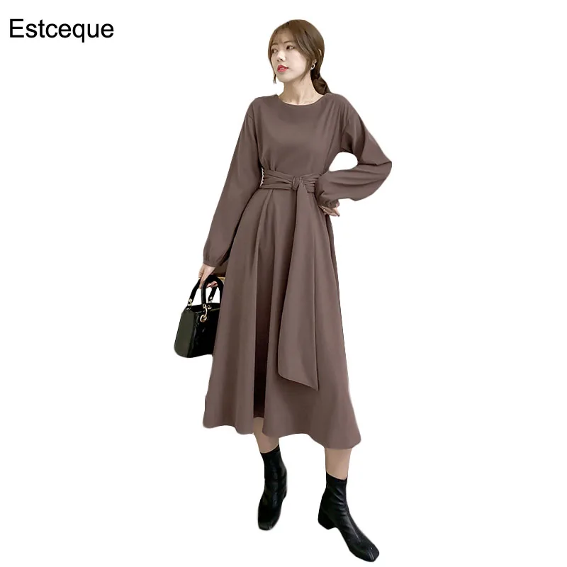 

2020 spring new vintage mid-length dress female autumn and winter long-sleeved temperament dress o-neck zip up sashes dress