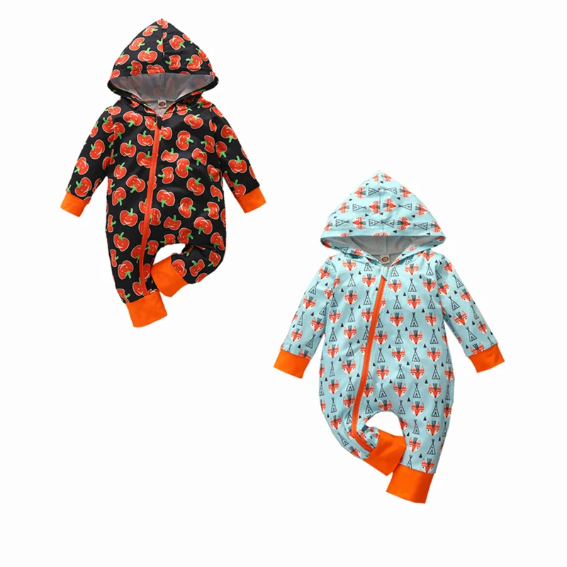 Новорожденный мальчик или девочка комбинезон с длинным рукавом осенней моды с капюшоном, однотонный с тыквой и индейкой на штанах, ромпер на одной штуке 0-12М.