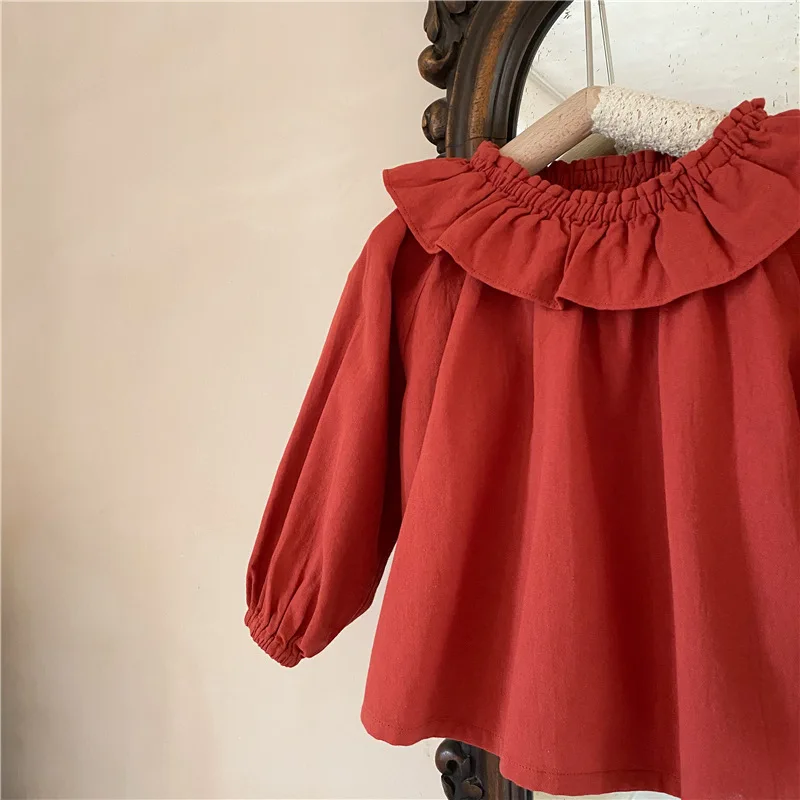 

2021 Spring Girl Clothes Children's Long Sleeve Cotton Solid Color Cute Doll Shirt Kids Top