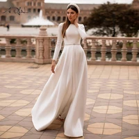 adln modest full sleeves wedding gown saudi arabia boat neck satin bridal dress sweep train bride dress vestido de novia