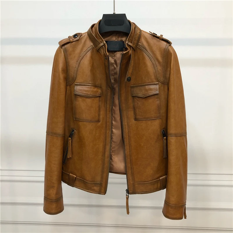 JAZZEVAR 2023 New High Fashion Street Women Real Sheep Skin Leather Jacket Oil wax color Genuine Leather short Motorcycle Jacket