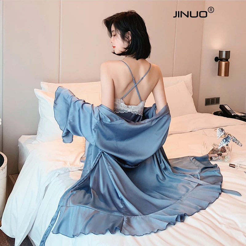 JINUO Women's Sleepwear Sexy Satin Pajama Set White Lace V-Neck Pyjamas Sleeveless Cute Cami Robe and nightdress for Women | Женская