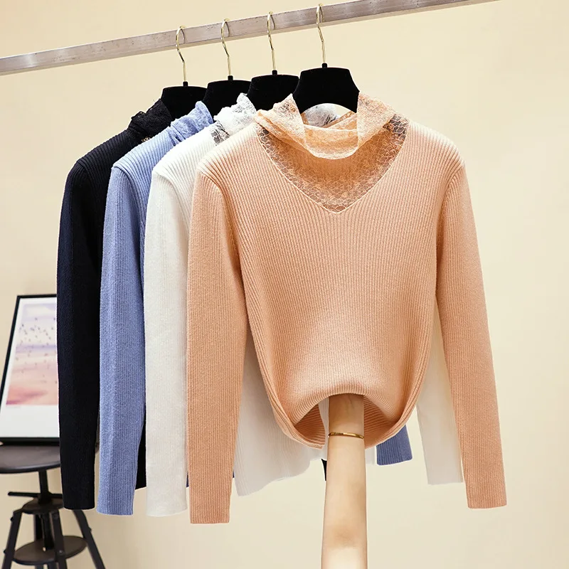 HLBCBG кружевной свитер Женский Зимний пуловер топ толстый v-образный вырез мягкий