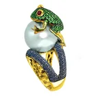 Женские кольца с жемчугом USTAR, блестящие золотистые кольца с зелеными кристаллами фианита на палец, женские кольца для помолвки, новинка 2019