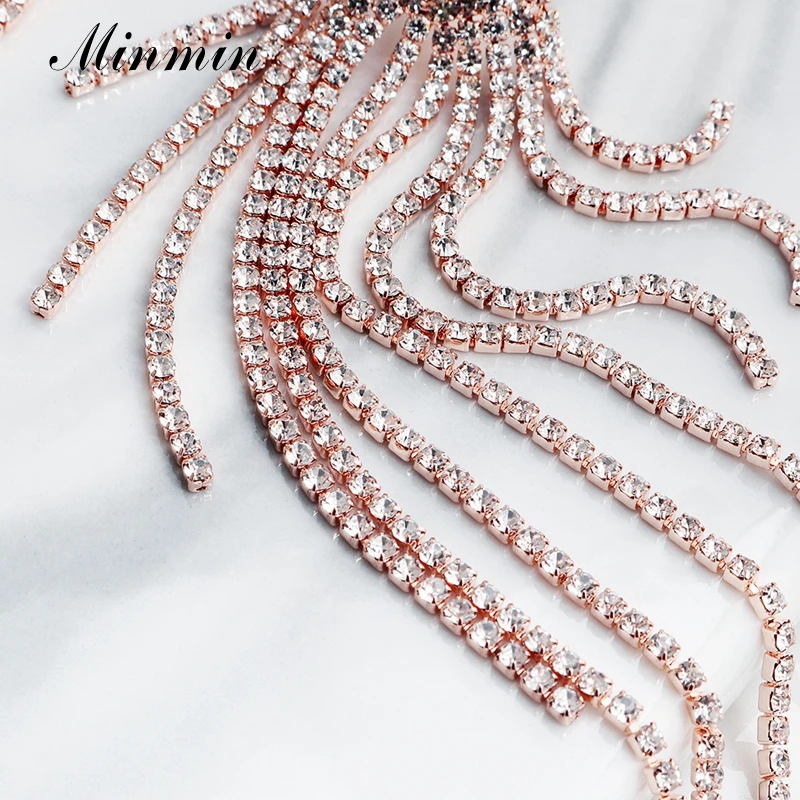 Minmin Rosegold сверкающие Длинная кисточка из горного хрусталя Свадебные серьги в виде