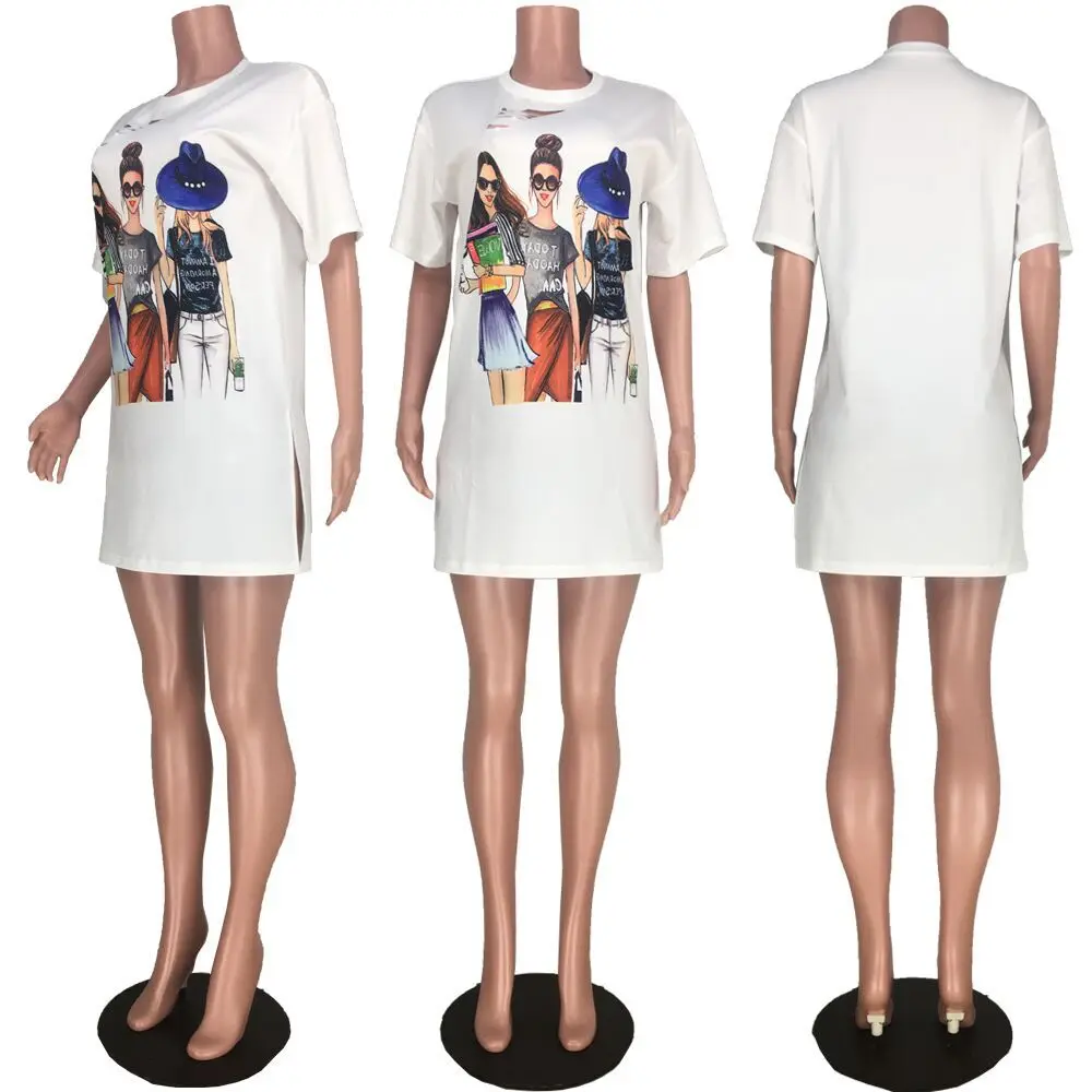 

SSEURAT Cartoon Print Round Neck Short Sleeve Split Long Women Tshirts Summer Casual Fashion Loose Tops