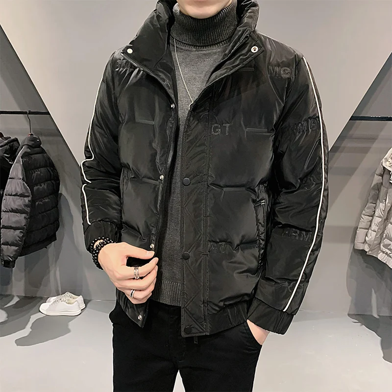 Down jacket men's casual winter coat loose fashion yhick men's stand-up collar white duck down jacket for shopping print letter