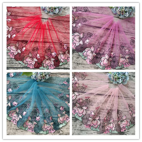 

13Yards Handmade Hair Decoration Wide 22cm Lace Trim Red Green Flower Mesh Fabric Ribbon Wedding Dress Skirt Doll's Dress