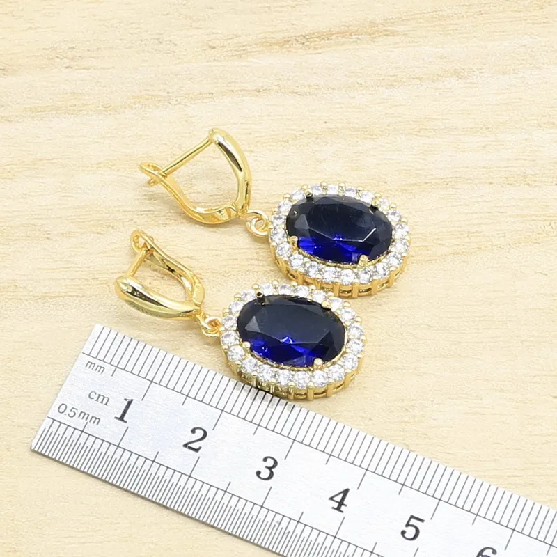 Classic Blue Big Oval Bridal Jewelry Set for Women Gold Color Bracelet Earrings Necklace Pendant Ring With Gift Box | Украшения и