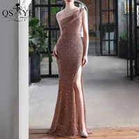 brown evening dresses one shoulder mermaid sequin prom gown glitter long formal party women sexy open split prom dress fit