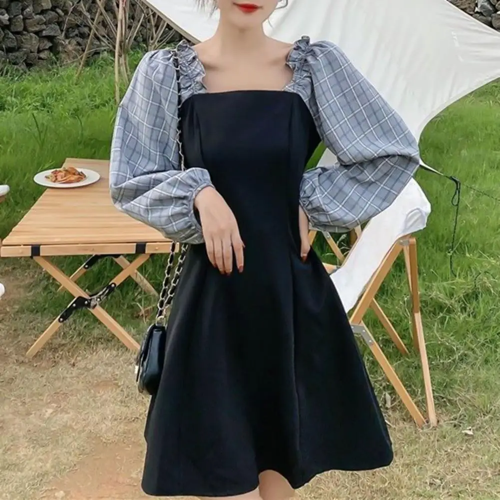

Elegant Women Check Long Puff Sleeve Patchwork Waist Tight Large Hem Dress