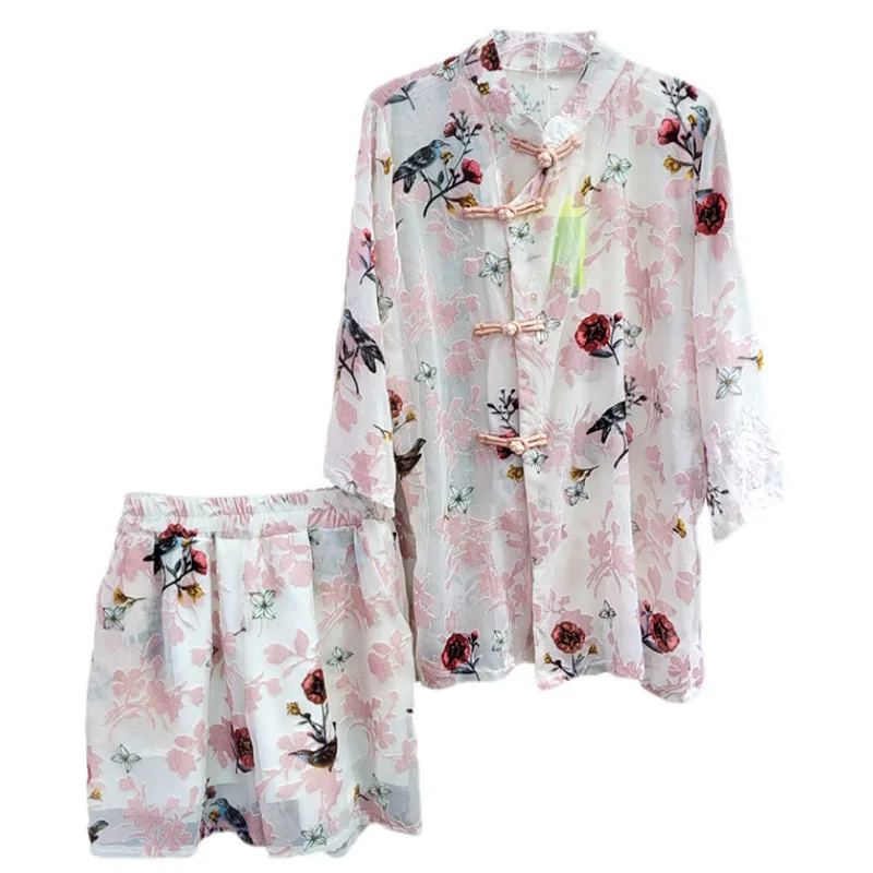 

SeeBeautiful Two Pieces Printed Stand Long Sleeve Button Loose Shirt Ealstic Waist Shorts New Fashion 2021 Summer Women E775