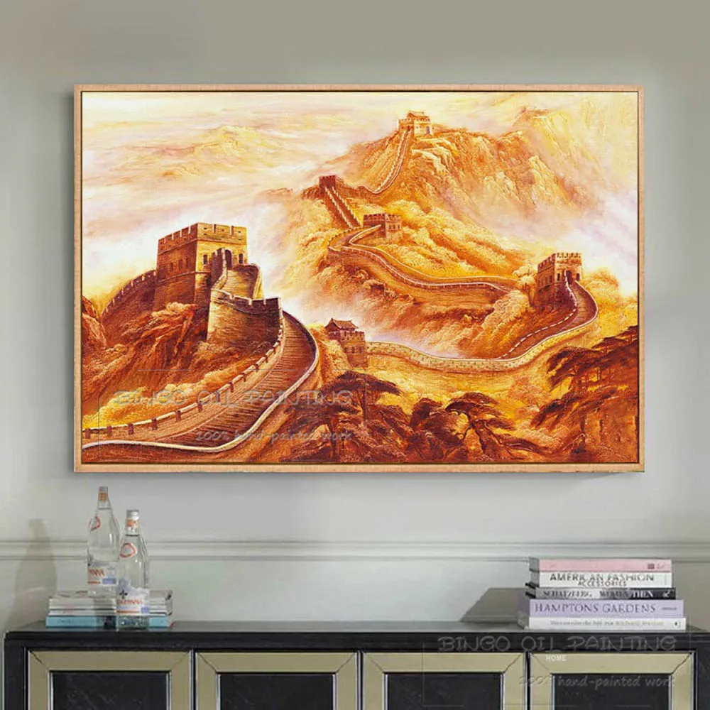 Kopen Uitstekende Kunstenaar Handgeschilderde Hoge Miracle Building Grote Muur Olieverfschilderij Chinese Gebouw Landschap Olieverf