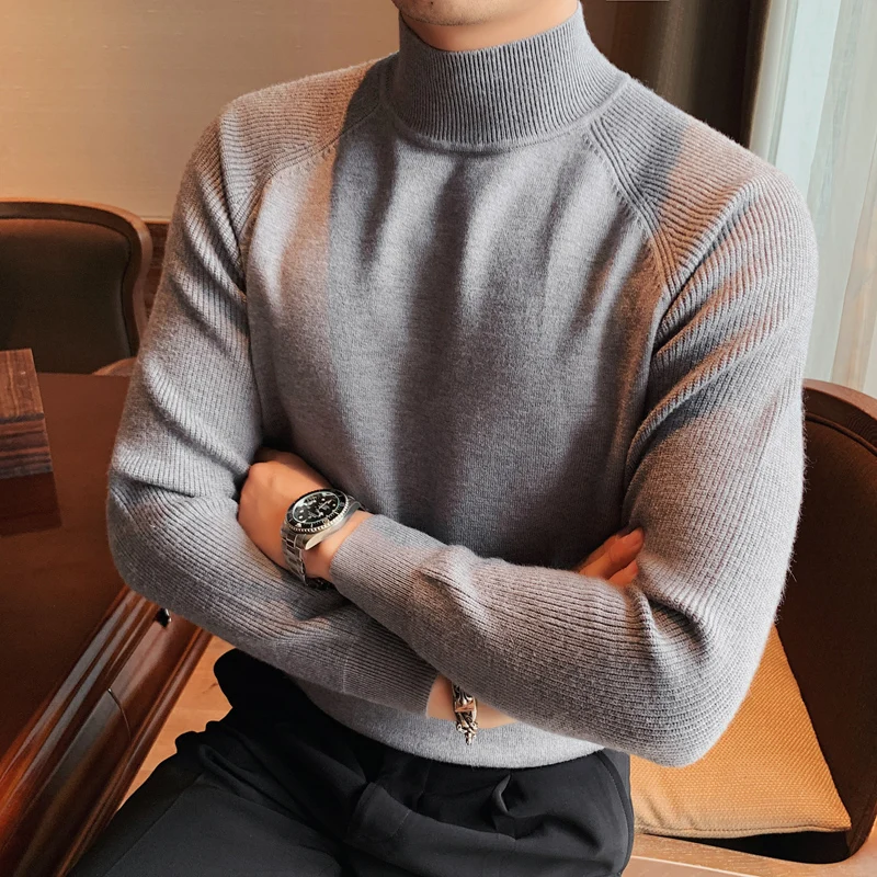 Autumn Winter Men s Casual Raglan Sweater Long-sleeved Thick Slim Knitted Pullovers Half Turtleneck Warm Sweater Men Clothing