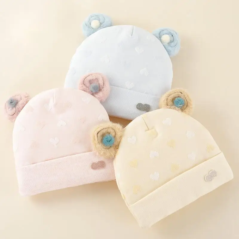 

TONSEN Cotton Lovely Heart Printed Soft Hats For 0-4M Baby Boy Girl Spring Autumn Newborn Boneless Fetal Hat Bear Ears