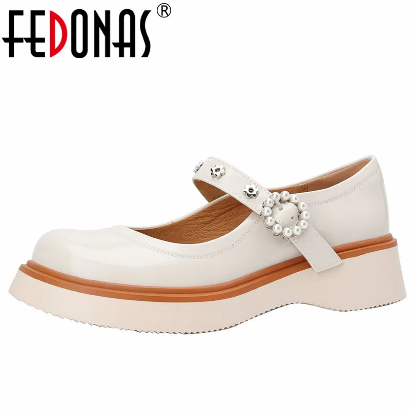 

FEDONAS Round Toe Mary Janes String Bead Buckle Women Pumps Spring Summer Platforms Sweet Casual Genuine Leather Shoes Woman