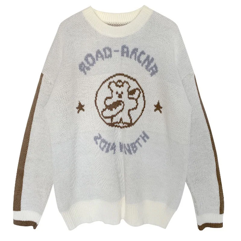 

2020 new Fashion knitted Crew neck Korean sweater women Loose Leisure splice Cartoon embroidery Little bear Long sleeve Kawaii